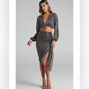 Showpo Ramina Two Piece Set - Geo Lurex Deep V Long Sleeve Crop Top and Midi